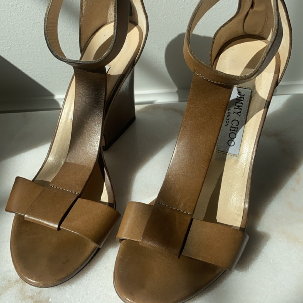 Jimmy Choo Brown Block Heel Sandals with Ankle Strap